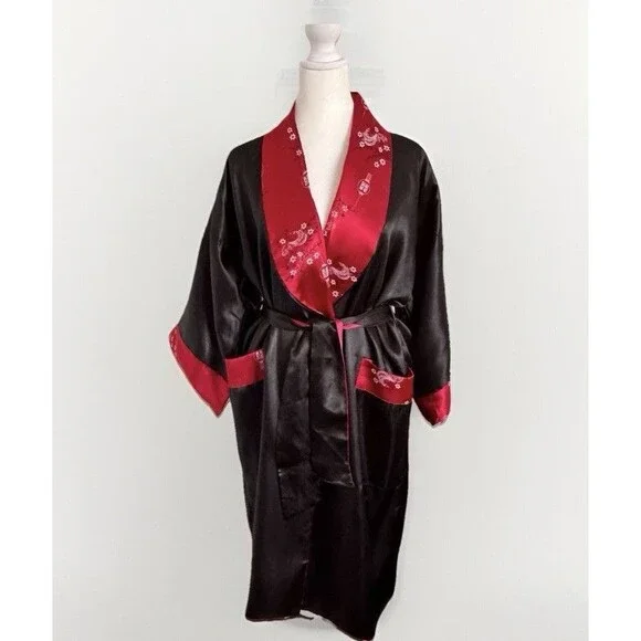 VTG Embroidered Dragon Reversible Satin Kimono Robe Asian Print Smoking Jacket S - Picture 3 of 16